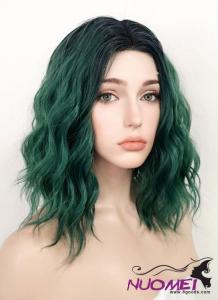 D0989 Green With Dark Roots Wavy Bob Synthetic Wig