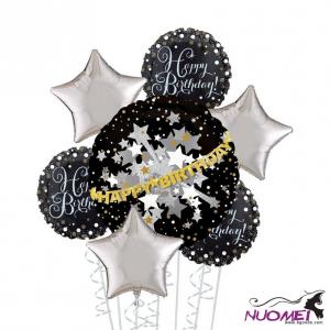 D1018 Prismatic Black, Silver & Gold Happy Birthday Deluxe Balloon Bouquet, 7pc